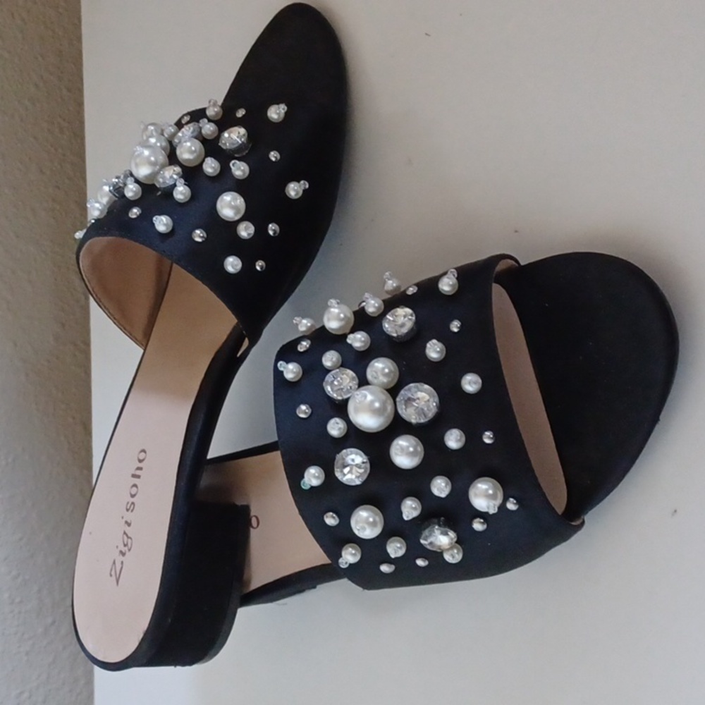 Zigi Soho Edina Black Satin Pearl & Crystal Slides ** SZ 9